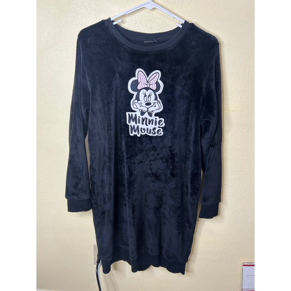 Disney Minnie Mouse‎ Black Fleece Nightgown Plush Longline Sweatshirt Size 40/42
